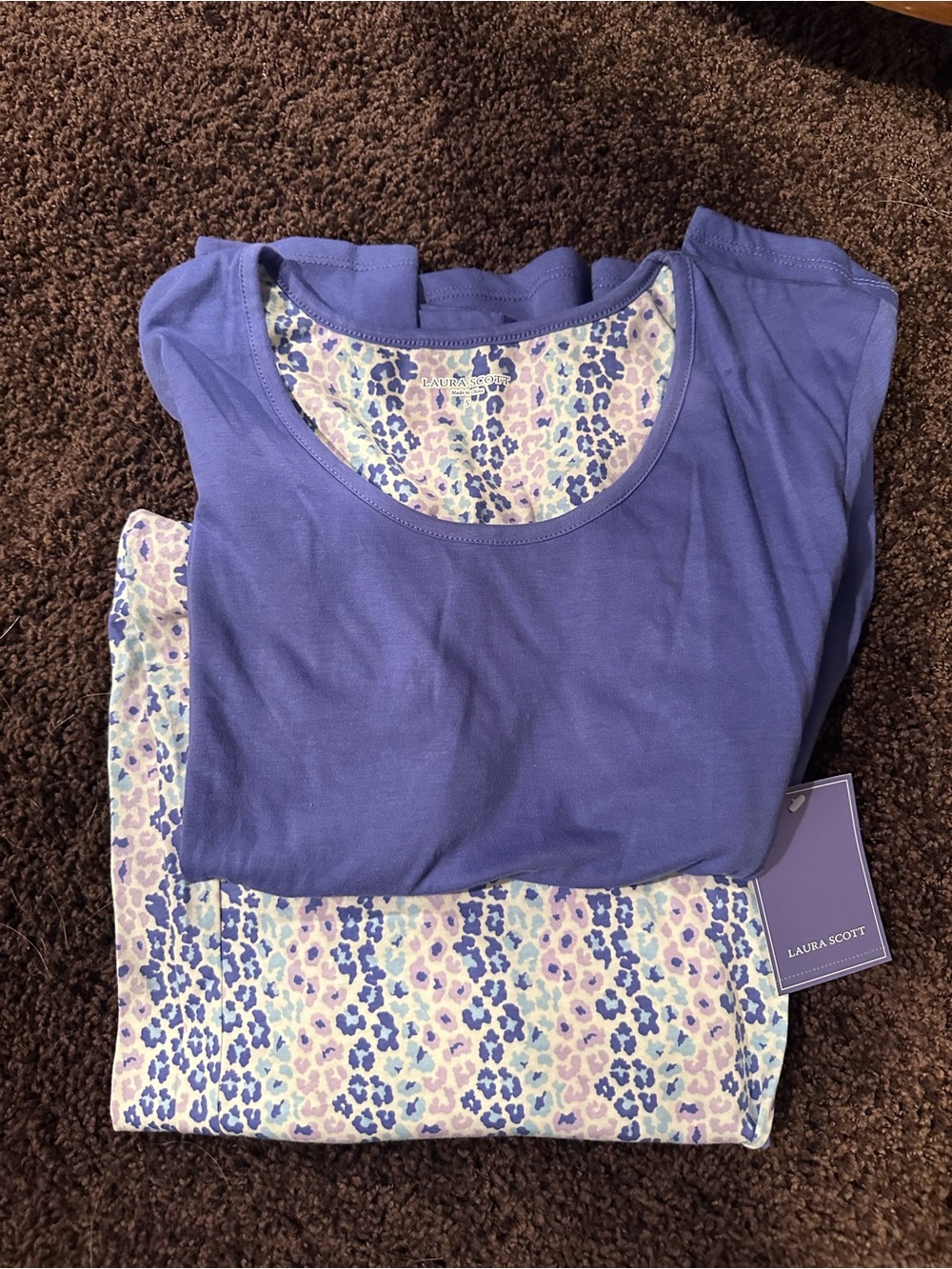 Laura Scott Purple Scoop Neck Top with Pastel Floral-Leopard Pajama Bottoms